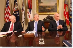 President George W. Bush, joined by Vice President Dick Cheney and U.S. Treasury Secretary Henry Paulson, right, addresses reporters Friday, Jan. 4, 2008 in the Roosevelt Room at the White House, following a meeting with the President's Working Group on Financial Markets. White House photo by Eric Draper