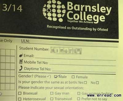 Form: The registration paperwork for Barnsley College includes tick boxes for students to indicate their sexual <a href=