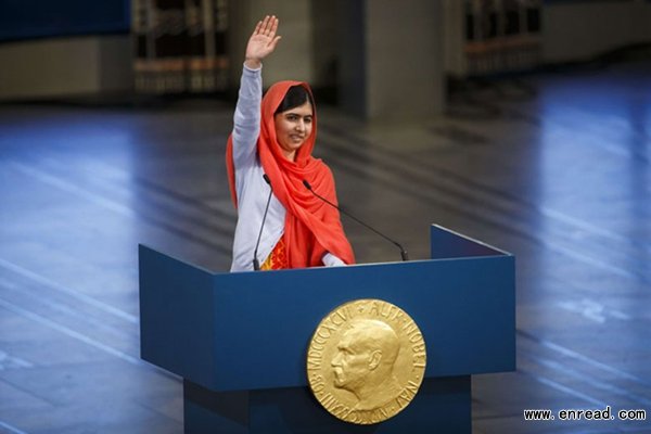 Nobel Peace Prize laureate Malala Yousafzai gives a speech during the Nobel Peace Prize awards ceremony at the City Hall in Oslo, Norway, on December 10, 2014.