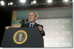 President George W. Bush addresses the National Hispanic Prayer Breakfast Friday, June 15, 2007, in Washington, D.C. Many of you at this breakfast devote your lives to serving others. By doing so, you're answering a timeless call to love your neighbor as yourself, said President Bush. You really represent the true strength of America, and I thank you for being of service to our country. White House photo by Joyce N. Boghosian