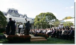 President George W. Bush and guests enjoy the entertainment of Cachao and his band during a Rose Garden celebration Wednesday, Oct. 10, 2007, of Hispanic Heritage Month. White House photo by Chris Greenberg