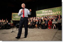 President George W. Bush addresses his remarks to an audience at the John Q. Hammons Convention Center in Rogers, Ark., Monday, Oct. 15, 2007, urging Congress to be fiscally responsible with the taxpayers money. White House photo by Eric Draper