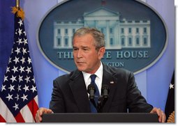 President George W. Bush holds a press conference Wednesday, Oct. 17, 2007, in the James S. Brady Press Briefing Room. "Congress has work to do for our military veterans," said President Bush. "Yesterday I sent Congress legislation to implement the Dole-Shalala commission's recommendations that would modernize and improve our system of care for wounded warriors. Congress should consider this legislation promptly so that those injured while defending our freedom can get the quality care they deserve." White House photo by Chris Greenberg