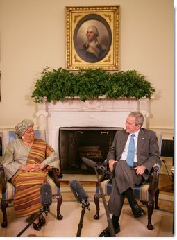 President George W. Bush meets with President Ellen Johnson Sirleaf of the Republic of Liberia in the Oval Office, Thursday, Oct. 18, 2007. President Sirleaf is Africas first elected female head of state. White House photo by Eric Draper