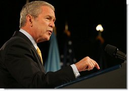 President George W. Bush speaks at the National Defense University in Washington, D.C., Tuesday, Oct. 23, 2007. During his remarks, the President addressed the devastation caused by wildfires in Southern California. Said the President, "All of us across this nation are concerned for the families who have lost their homes, and the many families who have been evacuated from their homes. We send our prayers and thoughts with those who've been affected." White House photo by Chris Greenberg