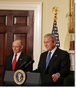 President George W. Bush announces Dr. James Peake as his nomination for Secretary of Veterans Affairs in the Roosevelt Room Tuesday, Oct. 30, 2007. "He will be the first physician and the first general to serve as Secretary," said the President. "He will apply his decades of expertise in combat medicine and health care management to improve the veterans' health system. He will insist on the highest level of care for every American veteran."  White House photo by Chris Greenberg