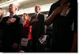 President George W. Bush stands during the playing of the National Anthem during a Fallen Soldiers National Memorial Ceremony at the American Legion Post 121 in Waco, Texas Sunday, Nov. 11, 2007. White House photo by Eric Draper