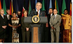 In recognition of World AIDS Day, President George W. Bush delivers a statement Friday, Nov. 30, 2007, after he and Mrs. Laura Bush participated in a roundtable in Mount Airy, Md., with faith-based groups regarding their roles in the global fight against HIV/AIDS. White House photo by Chris Greenberg