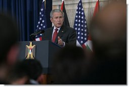 President George W. Bush speaks during a joint press availability Thursday, Jan. 10, 2008, with President Mahmoud Abbas of the Palestinian Authority, in Ramallah. President Bush said of his counterpart, President Abbas was elected on a platform of peace. The conditions on the ground are very difficultÉ nevertheless, this man and his government not only works for a vision, but also works to improve the lives of the average citizens, which is essential for the emergence of a Palestinian democracy. White House photo by Chris Greenberg