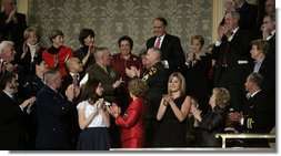 Former Senator Bob Dole and former Cabinet Secretary Donna Shalala are recognized and applauded in the First Lady's box Monday evening, Jan. 28, 2008 at the U.S. Captiol, during the State of the Union Address by President George W. Bush. Dole and Shalala were selected by President Bush to co-chair the President's Commission on Care for America's Returning Wounded Warriors. White House photo by Eric Draper