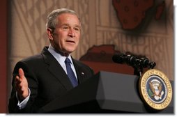 President George W. Bush gestures as he as he delivers his remarks Thursday, Feb. 14, 2008 at the Smithsonian National Museum of African Art, on his upcoming trip to Africa. Speaking in praise of the continent President Bush said, "Africa in the 21st century is a continent of potential. It's a place where democracy is advancing, where economies are growing, and leaders are meeting challenges with purpose and determination."  White House photo by Chris Greenberg