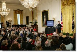 Mrs. Laura Bush addresses guests Tuesday, Feb. 26, 2008 in the East Room of the White House, during the launch of the National Endowment for the Humanities Picturing America initiative, to promote the teaching, study, and understanding of American history and culture in schools. White House photo by Chris Greenberg