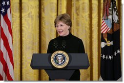 Mrs. Laura Bush welcomes invited guests Tuesday, Feb. 26, 2008 to the East Room of the White House, for the launch of the National Endowment for the Humanities Picturing America initiative, to promote the teaching, study, and understanding of American history and culture in schools. White House photo by Chris Greenberg