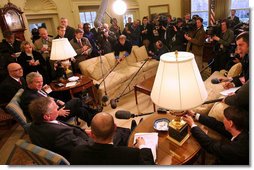 President George W. Bush and Mirek Topolanek, Prime Minister of the Czech Republic, address reporters Wednesday, Feb. 27, 2008, in the Oval Office. White House photo by Joyce N. Boghosian