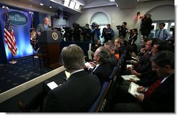 President George W. Bush responds to a question during a morning press conference in the James S. Brady Press Briefing Room of the White House. White House photo by Joyce N. Boghosian