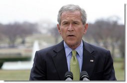 President George W. Bush delivers a statement regarding the situation in Colombia from the South Lawn of the White House Tuesday, March 4, 2008. The President, who spoke with Colombia's President Uribe earlier in the day, said, "I told the President that America fully supports Colombia's democracy, and that we firmly oppose any acts of aggression that could destabilize the region." White House photo by Chris Greenberg