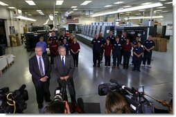 President George W. Bush stands with Jim Mayes, Owner and President of ColorCraft of Virginia, Inc., as he delivers remarks to reporters during his visit to ColorCraft of Virginia, Inc. Wednesday, March 26, 2008, in Sterling, Virginia. White House photo by Chris Greenberg