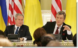 President George W. Bush and Ukraines President Viktor Yushchenko attend a joint press availability Tuesday, April 1, 2008, during a joint press availability at the Presidential Secretariat in Kyiv.  White House photo by Chris Greenberg