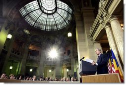 President George W. Bush delivers remarks Tuesday, April 2, 2008, at the National Bank of Savings in Bucharest, his first day in Romania, site of the 2008 NATO Summit. White House photo by Shealah Craighead