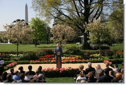 President George W. Bush addresses recipients of the President's Environmental Youth Awards during a ceremony Thursday, April 17, 2008, in the Rose Garden of the White House. Established in 1971, the awards recognize students from grades K-12 who have led environmental efforts in their communities. The awards are administered by the Environmental Protection Agency (EPA), and each of the EPAs 10 regional offices selects a winner or group of winners. White House photo by Shealah Craighead