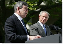 Prime Minister Gordon Brown of the United Kingdom, remarks during a joint press availability Thursday, April 17, 2008, in the Rose Garden of the White House. Said Prime Minister Brown, "The world owes President George Bush a huge debt of gratitude for leading the world in our determination to root out terrorism, and to ensure that there is no safe haven for terrorism and no hiding place for terrorists." White House photo by Joyce N. Boghosian