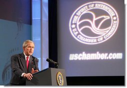 President George W. Bush delivers remarks Friday, April 18, 2008, during the America's Small Business Summit 2008 at the Renaissance Washington, D.C. Sponsored by the U.S. Chamber of Commerce, Americas Small Business Summit 2008 provides U.S. Chamber of Commerce members and other small business owners with an opportunity to participate in sessions on relevant policy and management issues. White House photo by Chris Greenberg