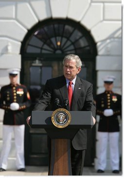 President George W. Bush delivers remarks during Military Spouse Day Tuesday, May 6, 2008, at the White House. Begun in 1984, the day was established to acknowledge the profound impact military spouses have on service members and to honor their volunteer service in educational, social and community endeavors. White House photo by Chris Greenberg