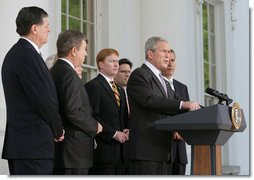 President George W. Bush delivers a statement Wednesday, May 7, 2008, on the North Portico of the White House after meeting with the House Republican Conference. Of the issues discussed, the President said, "It's a positive agenda. an agenda that recognizes that we can find the wisdom of the American people in their souls, in their hearts. We listen carefully to what they think, and we respond in a way that meets their needs."  White House photo by Chris Greenberg