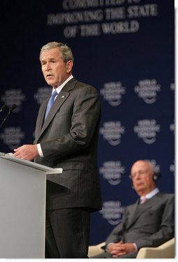 President George W. Bush speaks before the World Economic Forum on the Middle East Sunday, May 18, 2008, in Sharm El Sheikh, Egypt. The President told his audience, "I know these are trying times, but the future is in your hands C- and freedom and peace are within your grasp." White House photo by Chris Greenberg