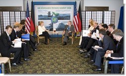 President George W. Bush and Chancellor Angela Merkel of Germany, meet Tuesday, July 8, 2008, at the Windsor Hotel Toya Resort and Spa in Toyako, Japan. Calling Chancellor Merkel a constructive force for good, President Bush told his fellow leader, I value your friendship. I value your advice.  White House photo by Eric Draper