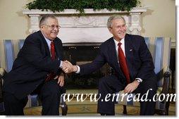 President George W. Bush welcomes Iraqi President Jalal Talabani to the Oval Office, Wednesday, Sept. 10, 2008, where the two leaders heralded the improved security situation and quality of life for the citizens of Iraq.  White House photo by Eric Draper