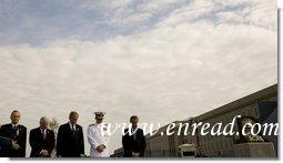 President George W. Bush is joined from left by former Secretary of Defense Donald Rumsfeld, U.S. Secretary of Defense Robert Gates, Chairman of the Joint Chiefs of Staff, Admiral Michael Mullen and James J. Laychak, chairman of the Pentagon Memorial Fund, Inc. as they bow their heads during a Moment of Silence Thursday, Sept. 11, 2008, at the dedication of the 9/11 Pentagon Memorial at the Pentagon in Arlington, Va.  White House photo by Eric Draper