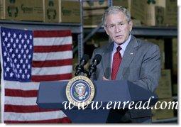 President George W. Bush addresses his remarks on the nation's economy to state and local business leaders Tuesday, Oct. 7, 2008, during his visit to the Guernsey Office Products, Inc. in Chantilly, Va. President Bush said the Emergency Economic Stabilization Act of 2008 will take time to have its full effect in improving the economy.  White House photo by Chris Greenberg