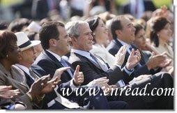 President George W. Bush sits with Panama's Ambassador to the United States Frederico A. Humbert, during festivities Thursday, Oct. 9, 2008, celebrating Hispanic Heritage Month on the South Lawn at the White House.  White House photo by Eric Draper