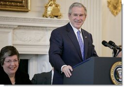 President George W. Bush addresses the National Governors Association in the State Dining Room of the White House, Monday, Feb. 26, 2007. National Governors Association chairwoman, Arizona Gov. Janet Napolitano, is seen at left. White House photo by Eric Draper