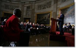 President George W. Bush speaks during the Congressional Gold Medal ceremony for the Tuskegee Airmen Thursday, March 29, 2007, at the U.S. Capitol. Said the President, The Tuskegee Airmen helped win a war, and you helped change our nation for the better. Yours is the story of the human spirit, and it ends like all great stories do C with wisdom and lessons and hope for tomorrow.  White House photo by Eric Draper