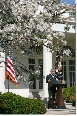 President George W. Bush addresses the press Tuesday, April 3, 2007, in the Rose Garden. "The reinforcements we've sent to Baghdad are having a impact. They're making a difference," said the President. "And as more of those reinforcements arrive in the months ahead, their impact will continue to grow. But to succeed in their mission, our troops need Congress to provide the resources, funds, and equipment they need to fight our enemies."  White House photo by David Bohrer