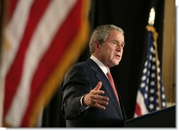 President George W. Bush addresses his remarks at Harlem Village Academy Charter School in New York, during his visit to the school Tuesday, April 24, 2007, speaking on his No Child Left Behind reauthorization proposals.  White House photo by Eric Draper