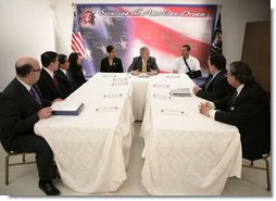 President George W. Bush addresses a meeting Thursday, May 3, 2007 on immigration and assimilation at the Asamblea de Iglesias Cristianas, Centro Evangelistico in Washington, D.C. President Bush said One aspect of comprehensive immigration reform is to help people assimilate into America. Part of that is to have a comprehensive strategy to help people learn the English language and to learn the history and traditions of the United States."  White House photo by Eric Draper