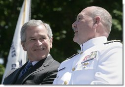 President George W. Bush talks with Admiral Thad Allen, Commandant of the U.S. Coast Guard, Wednesday, May 23, 2007, at the U.S. Coast Guard Academy commencement in New London, Conn. White House photo by Joyce Boghosian