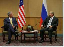 President George W. Bush and President Vladimir Putin of Russia, meet Friday, Sept. 7. 2007, in Sydney prior to the opening of the Asian Pacific Economic Cooperation summit. Said President Bush of their visit, "We are results-oriented people. We want to help solve problems. And we recognize that we can do better solving problems when we work together."  White House photo by Eric Draper